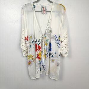 Johnny Was Sheer Kimono Women Small White‎ Floral Lace Sleeves Festival Bohemian